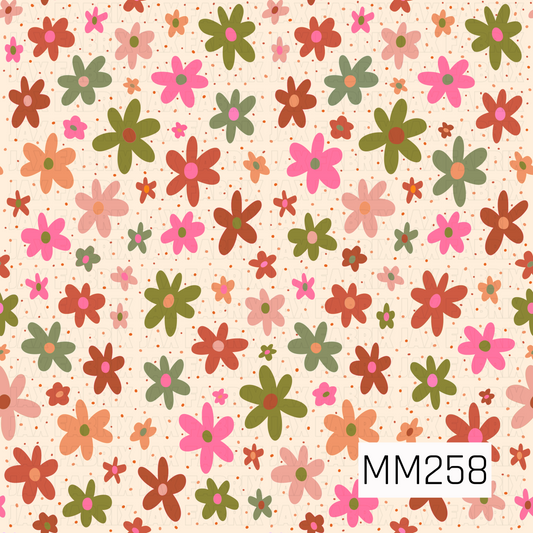 A cheerful ditsy floral pattern featuring scattered flowers in shades of pink, coral, peach, olive green, and sage across a soft cream background. The mix of playful blooms and tiny accent dots creates a light, whimsical design with a warm retro-inspired feel that blends vintage charm with fresh seasonal colors.
