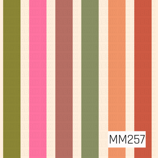 A coordinating stripe pattern featuring alternating vertical bands of olive green, bright pink, dusty mauve, sage green, peach, and warm coral on a soft cream background. The clean, colorful stripes create a playful retro-inspired design that complements floral prints while adding a bold and cheerful accent.
