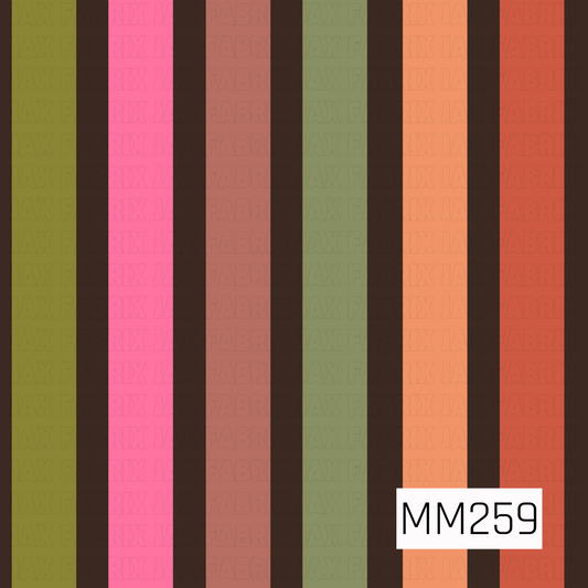 A coordinating stripe pattern featuring alternating vertical bands of olive green, bright pink, dusty mauve, sage green, peach, and warm coral set against a rich dark brown background. The bold color palette and clean striped layout create a playful retro-inspired design that pairs perfectly with autumn florals and vintage-themed collections.

