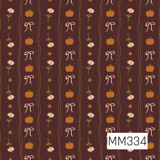 A sweet autumn stripe featuring tiny pumpkins, delicate daisies, dainty flowers, and hand-drawn bows arranged in vertical columns on a rich chocolate brown background. Soft earthy tones and whimsical details give this coordinating print a cozy fall charm.
