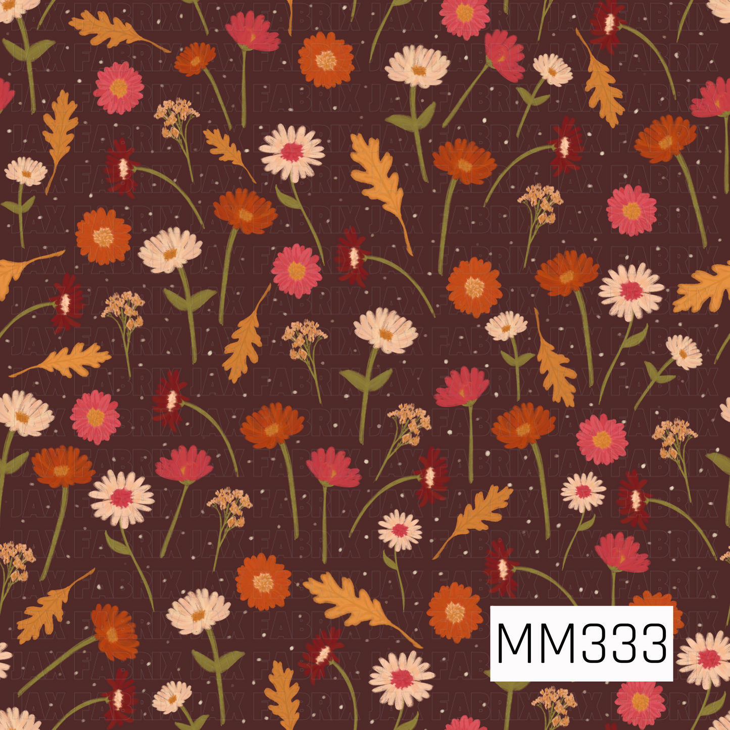 A charming autumn floral pattern featuring scattered blooms in shades of rust, coral, blush, cream, and burgundy, accented with golden oak leaves and soft greenery. Set against a rich chocolate brown background with tiny speckled details, this design captures the cozy beauty of a fall garden.
