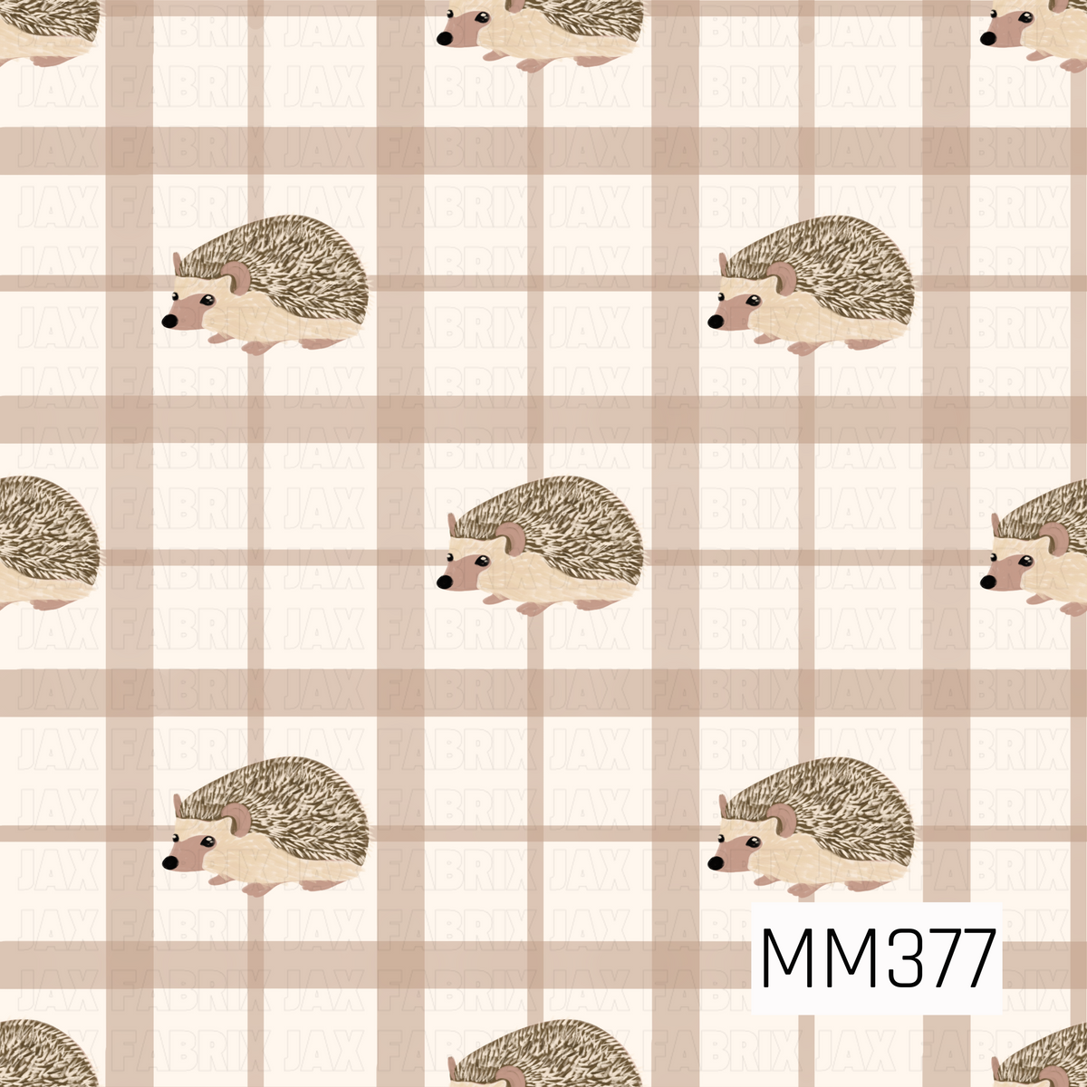 A sweet woodland pattern featuring hand-painted hedgehogs scattered across a soft cream and beige plaid background. The neutral brown, taupe, and ivory tones give it a cozy, charming fall feel.
