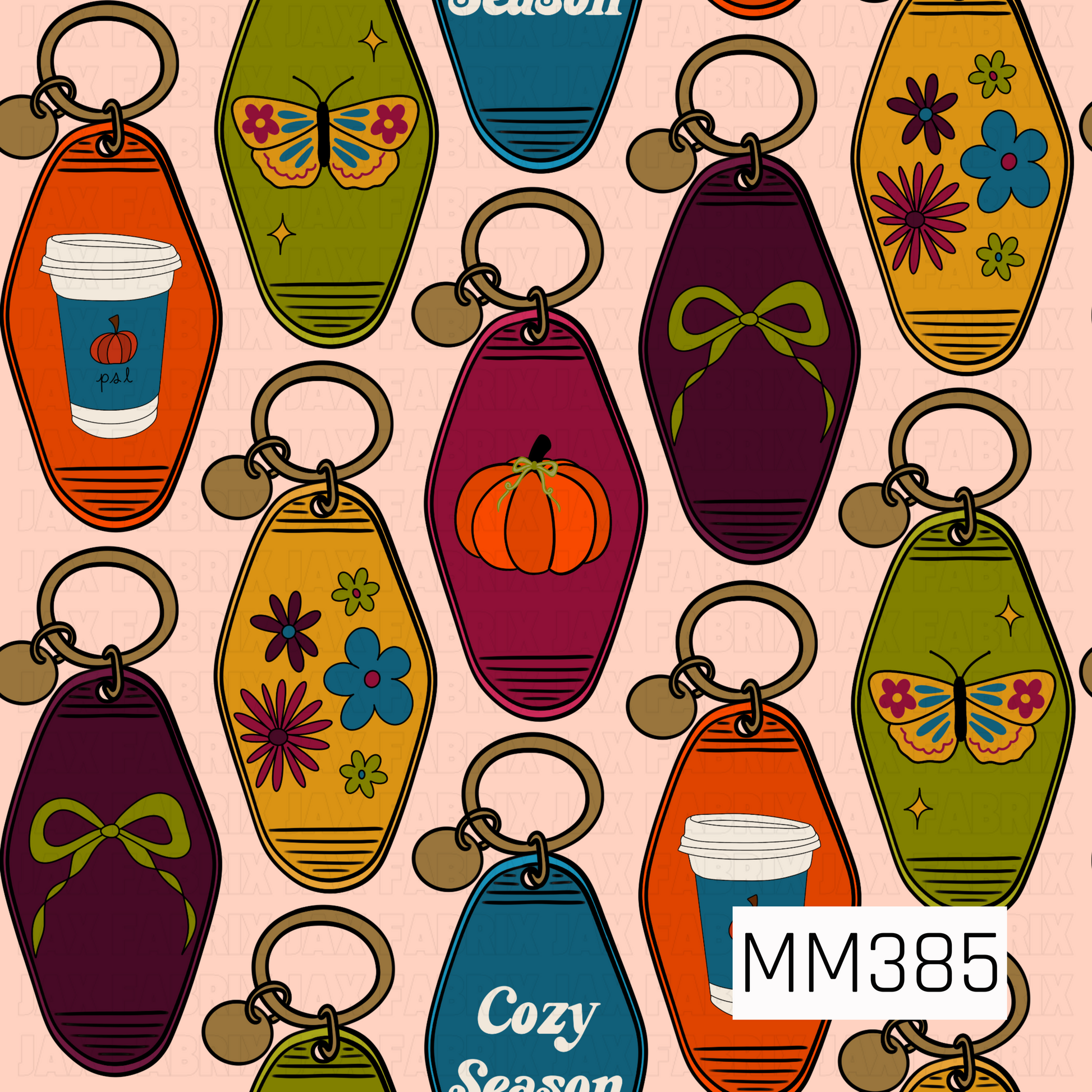 A colorful retro fall pattern featuring vintage motel-style keychains decorated with cozy seasonal motifs. Designs include pumpkins, bows, butterflies, florals, coffee cups, and “Cozy Season” lettering in rich orange, mustard, teal, plum, and olive green tones on a soft blush background.
