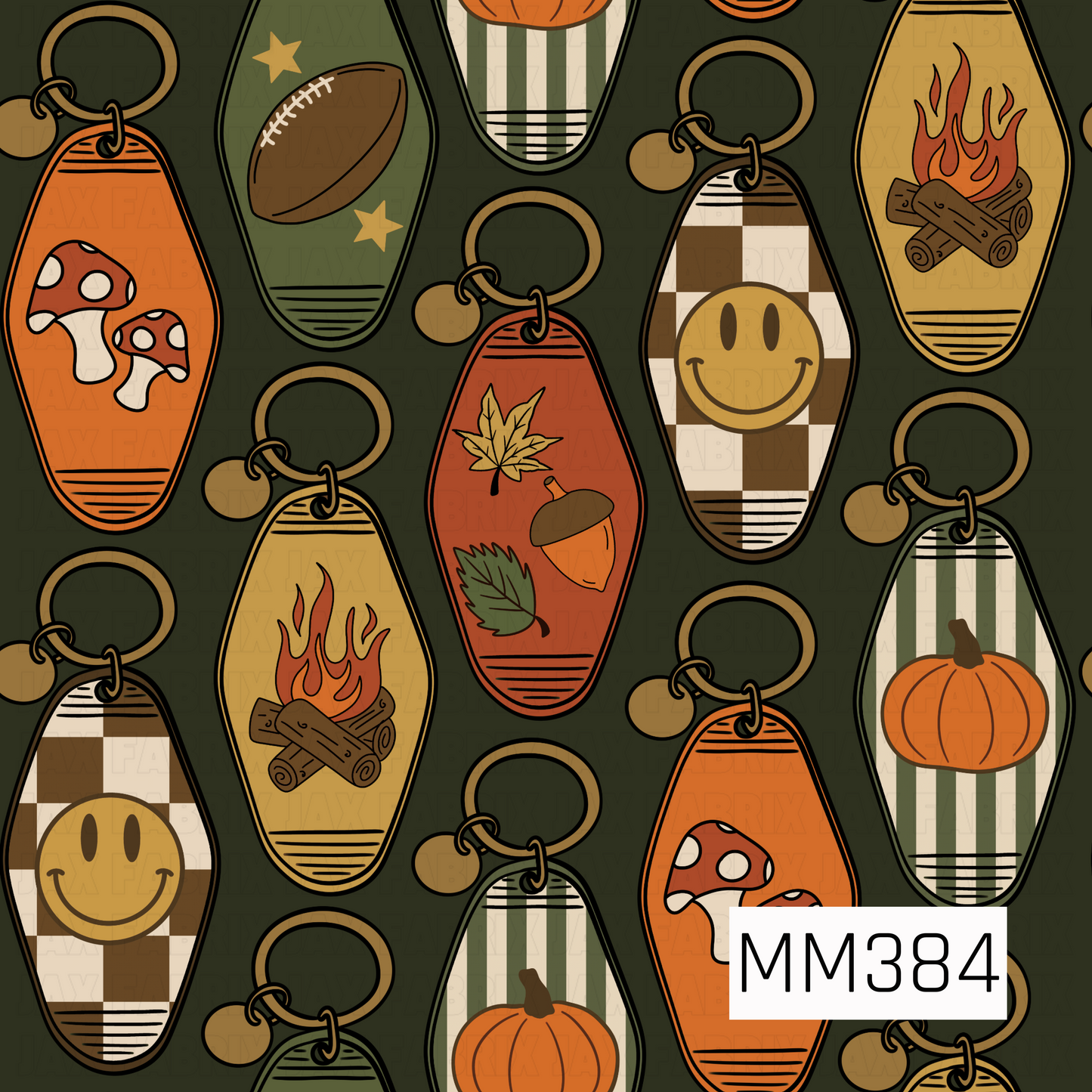 A retro fall pattern featuring vintage motel-style keychains on a deep olive green background. The keychains showcase pumpkins, mushrooms, autumn leaves, acorns, campfires, footballs, smiley faces, and classic plaid and striped details in warm orange, mustard, brown, cream, and muted green tones.
