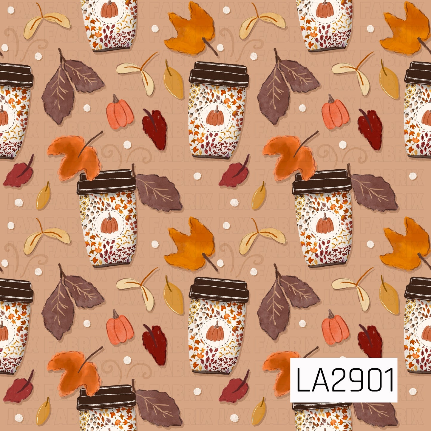 A cozy watercolor autumn pattern featuring pumpkin-themed coffee cups surrounded by colorful fall leaves, mini pumpkins, seed pods, and scattered dots on a warm taupe background. The soft seasonal palette and hand-painted details create a charming design that captures the comforting feel of crisp autumn days and pumpkin spice season.
