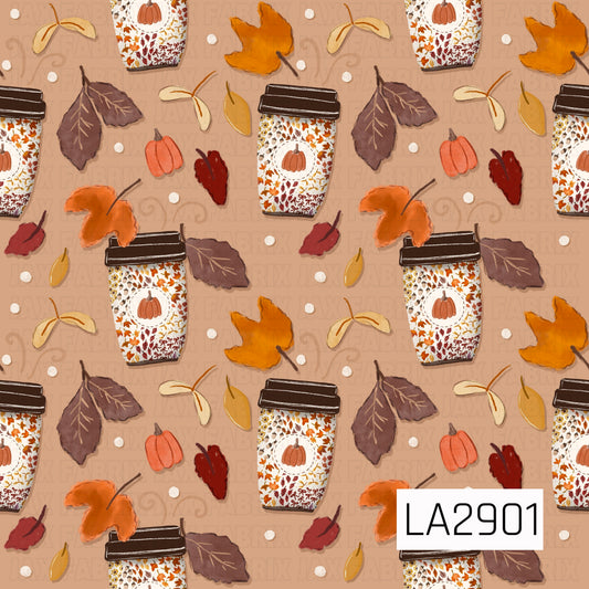 A cozy watercolor autumn pattern featuring pumpkin-themed coffee cups surrounded by colorful fall leaves, mini pumpkins, seed pods, and scattered dots on a warm taupe background. The soft seasonal palette and hand-painted details create a charming design that captures the comforting feel of crisp autumn days and pumpkin spice season.
