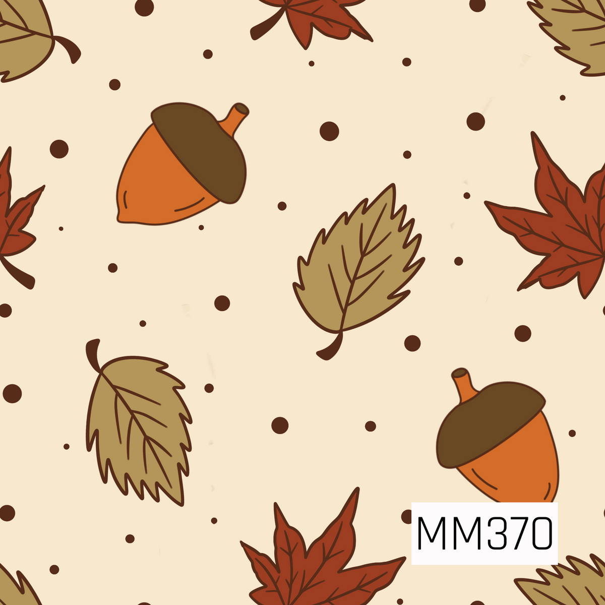 A charming fall seamless pattern featuring scattered acorns, maple leaves, and leafy sprigs with playful dot accents. Warm shades of burnt orange, olive, brown, and cream give the design a cozy autumn feel.
