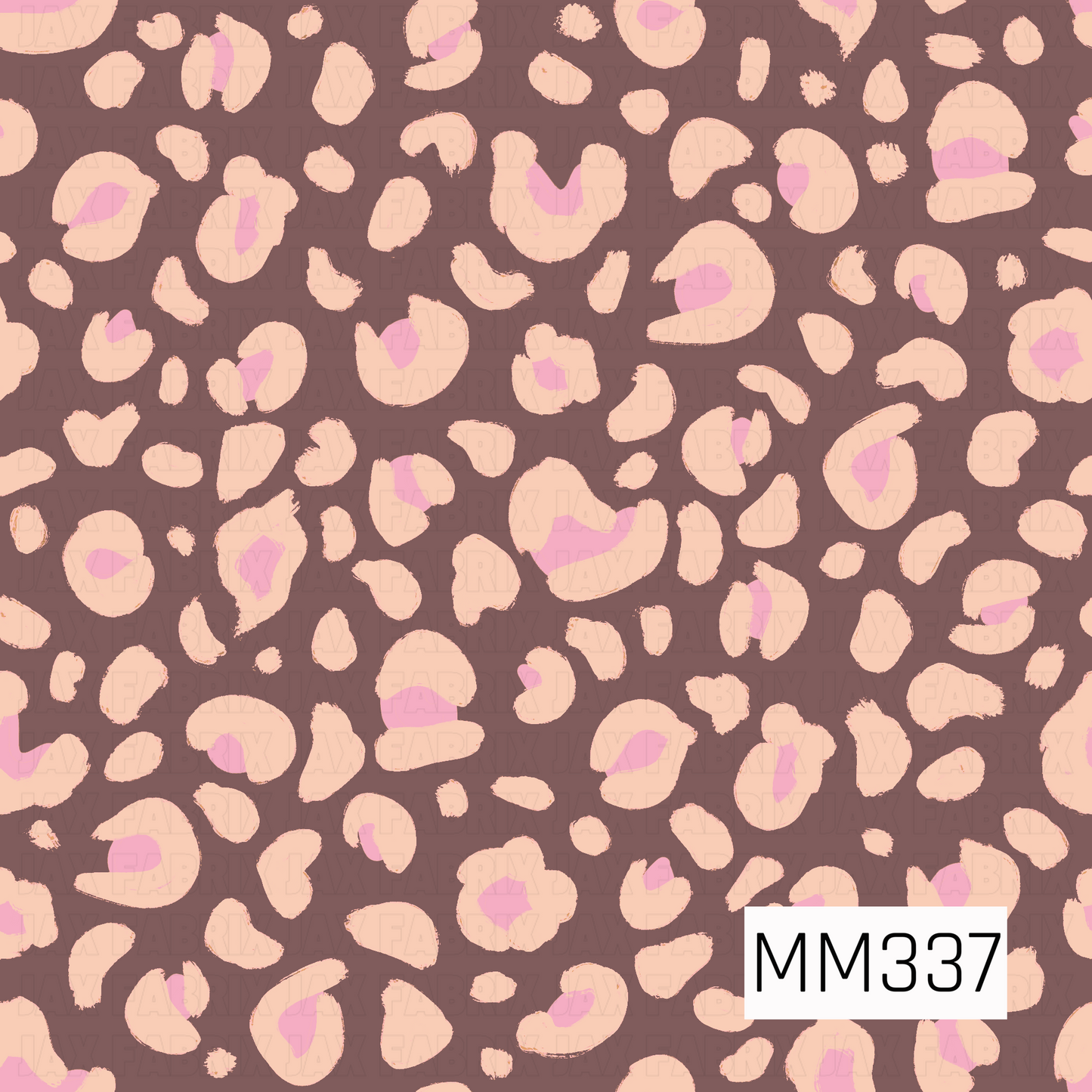 A playful leopard seamless pattern featuring oversized cream spots with pops of pink scattered across a warm chocolate brown background. The hand-painted, slightly imperfect shapes give the design a fun, trendy look with a soft feminine twist.
