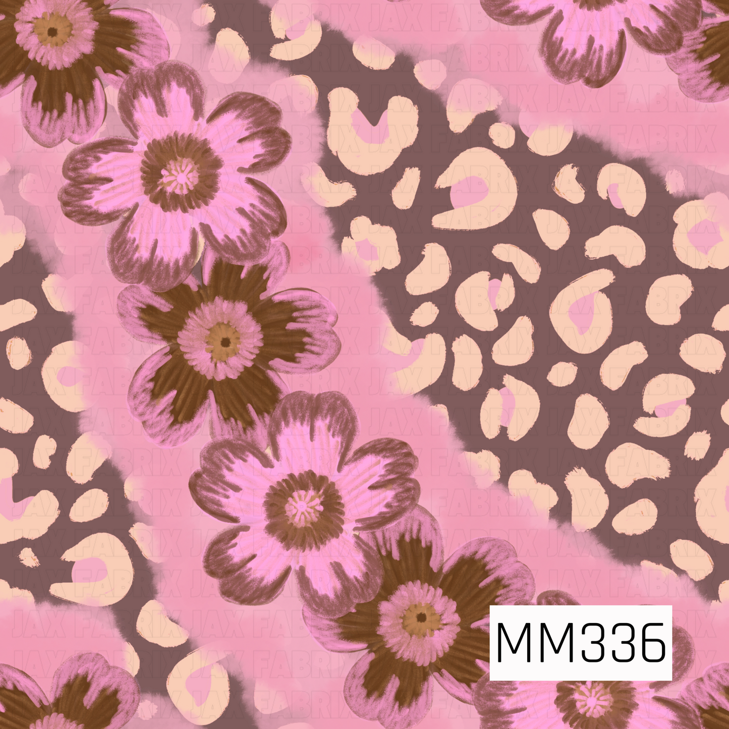 A bold floral and leopard seamless pattern featuring oversized hand-drawn flowers layered over abstract animal print. Shades of bubblegum pink, chocolate brown, blush, and cream create a playful mix of feminine florals and wild animal print.
