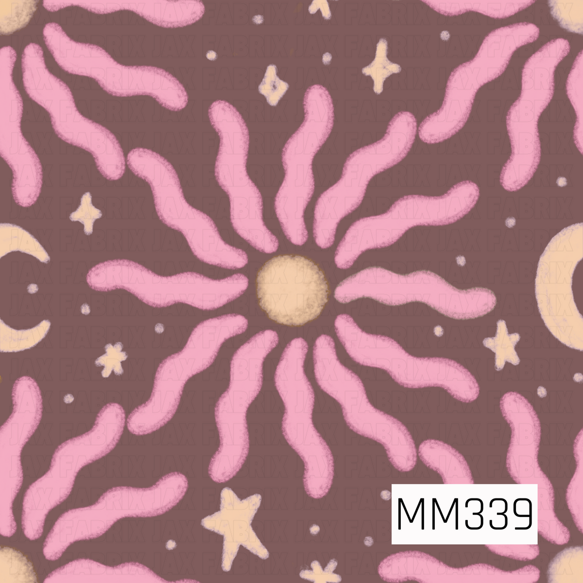 A whimsical celestial seamless pattern featuring wavy pink sunbursts, crescent moons, stars, and scattered dots. Soft pink and creamy peach accents stand out against a warm chocolate brown background, creating a playful retro boho feel.
