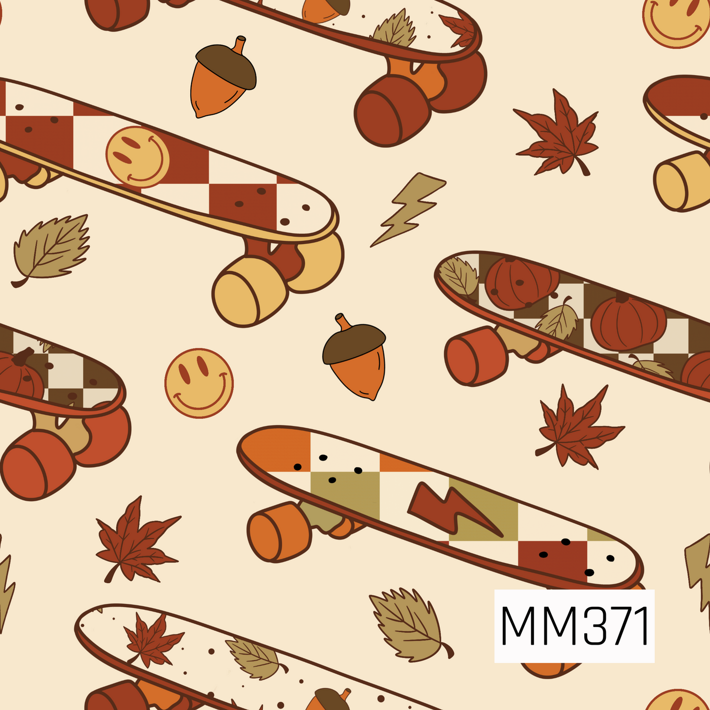 A playful fall seamless pattern featuring retro skateboards decorated with checkerboards, pumpkins, leaves, lightning bolts, and smiley faces. Scattered acorns and autumn leaves in warm orange, rust, mustard, olive, and cream give it a fun vintage-inspired fall vibe.
