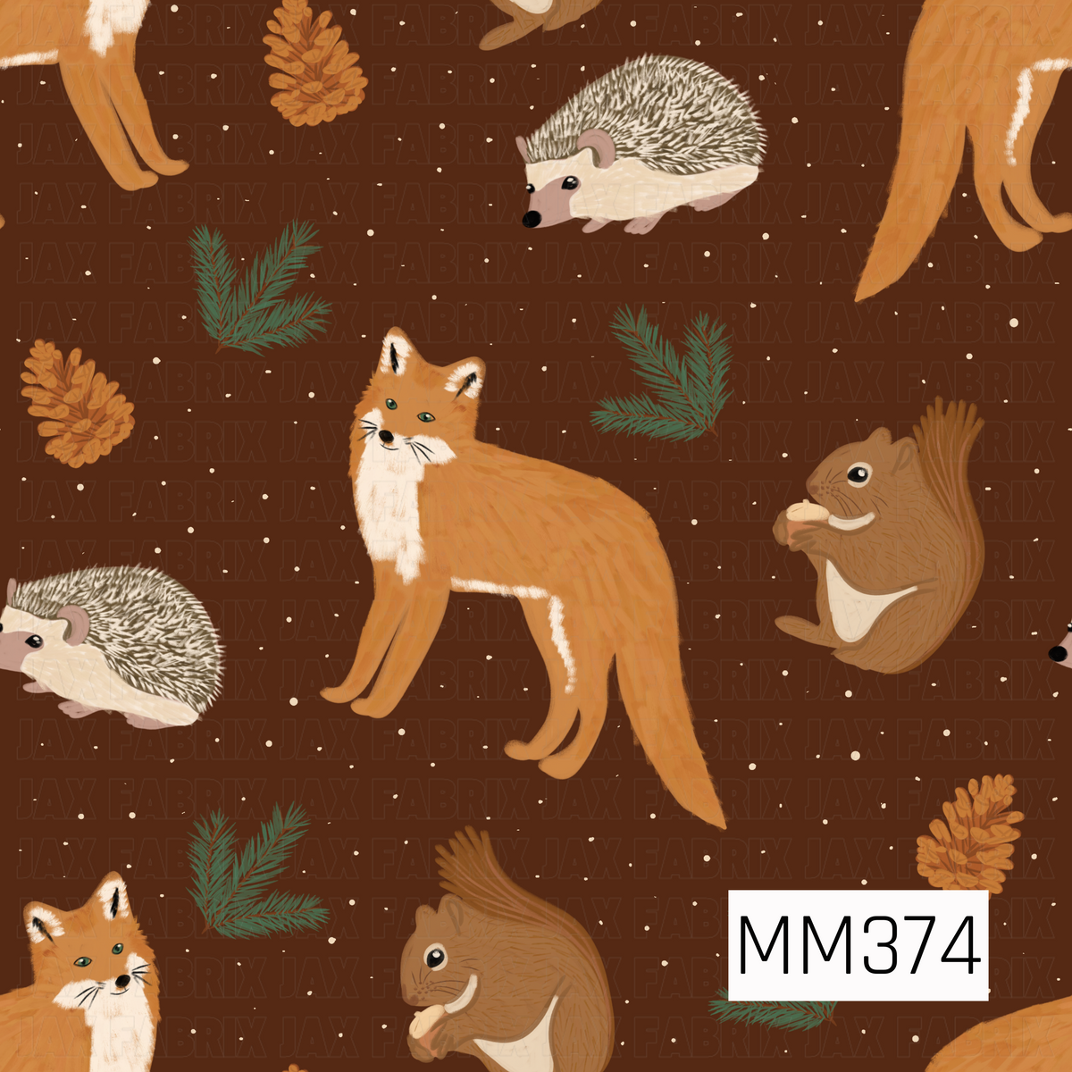 A cozy woodland pattern featuring hand-drawn foxes, hedgehogs, and squirrels surrounded by pinecones, evergreen sprigs, and scattered speckles. Warm shades of rust, brown, cream, and forest green sit against a rich chocolate brown background for an earthy autumn feel.
