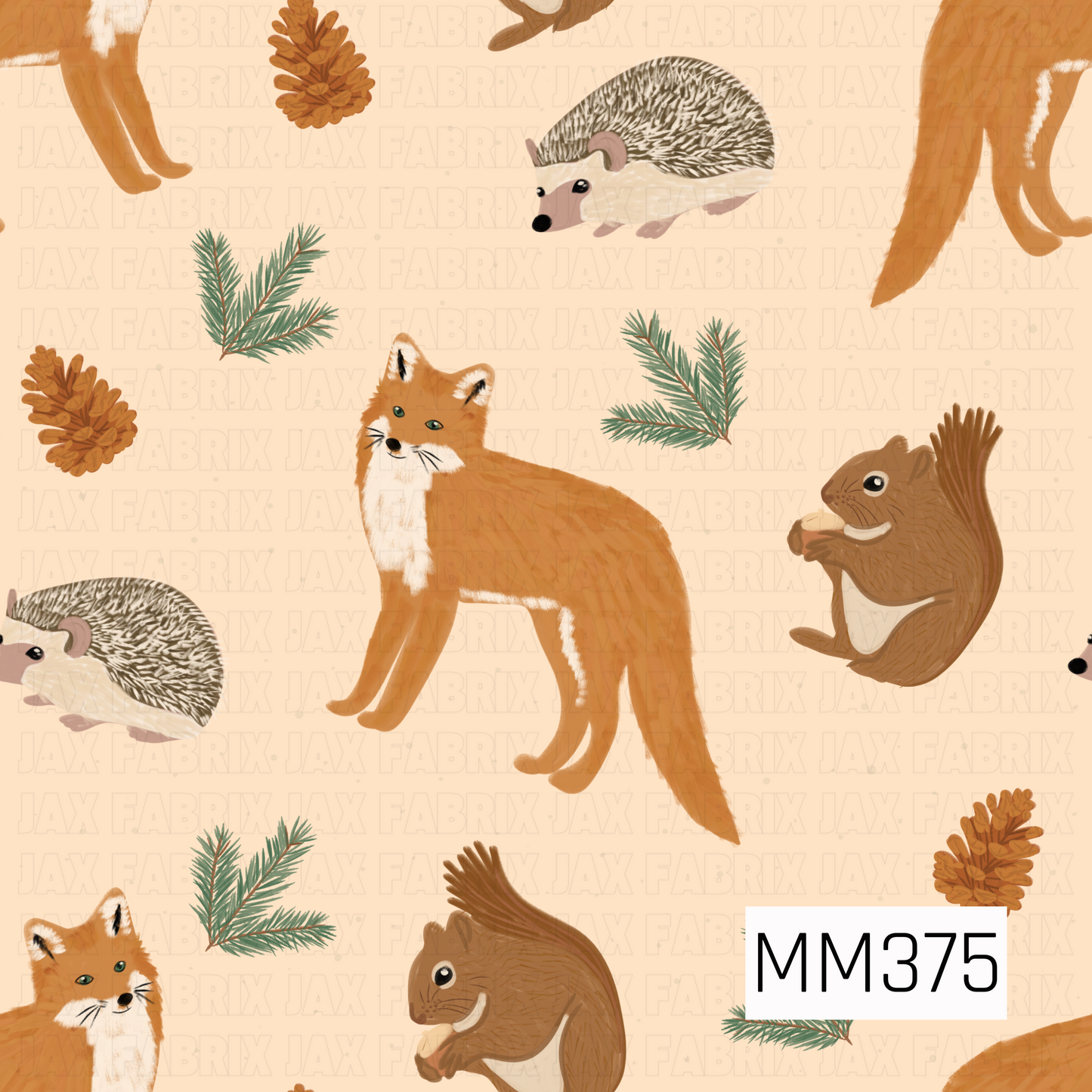 A cozy woodland pattern featuring hand-drawn foxes, hedgehogs, and squirrels surrounded by pinecones and evergreen sprigs. Warm shades of rust, brown, cream, and muted green are scattered across a soft cream background for a charming autumn forest feel.
