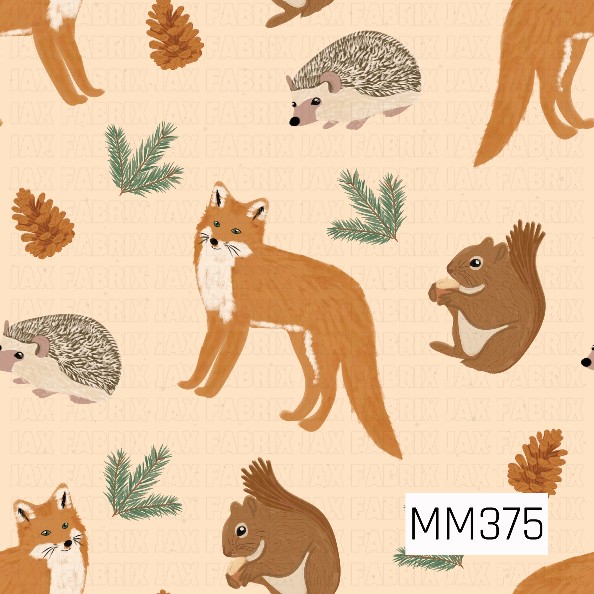 A cozy woodland pattern featuring hand-drawn foxes, hedgehogs, and squirrels surrounded by pinecones and evergreen sprigs. Warm shades of rust, brown, cream, and muted green are scattered across a soft cream background for a charming autumn forest feel.

