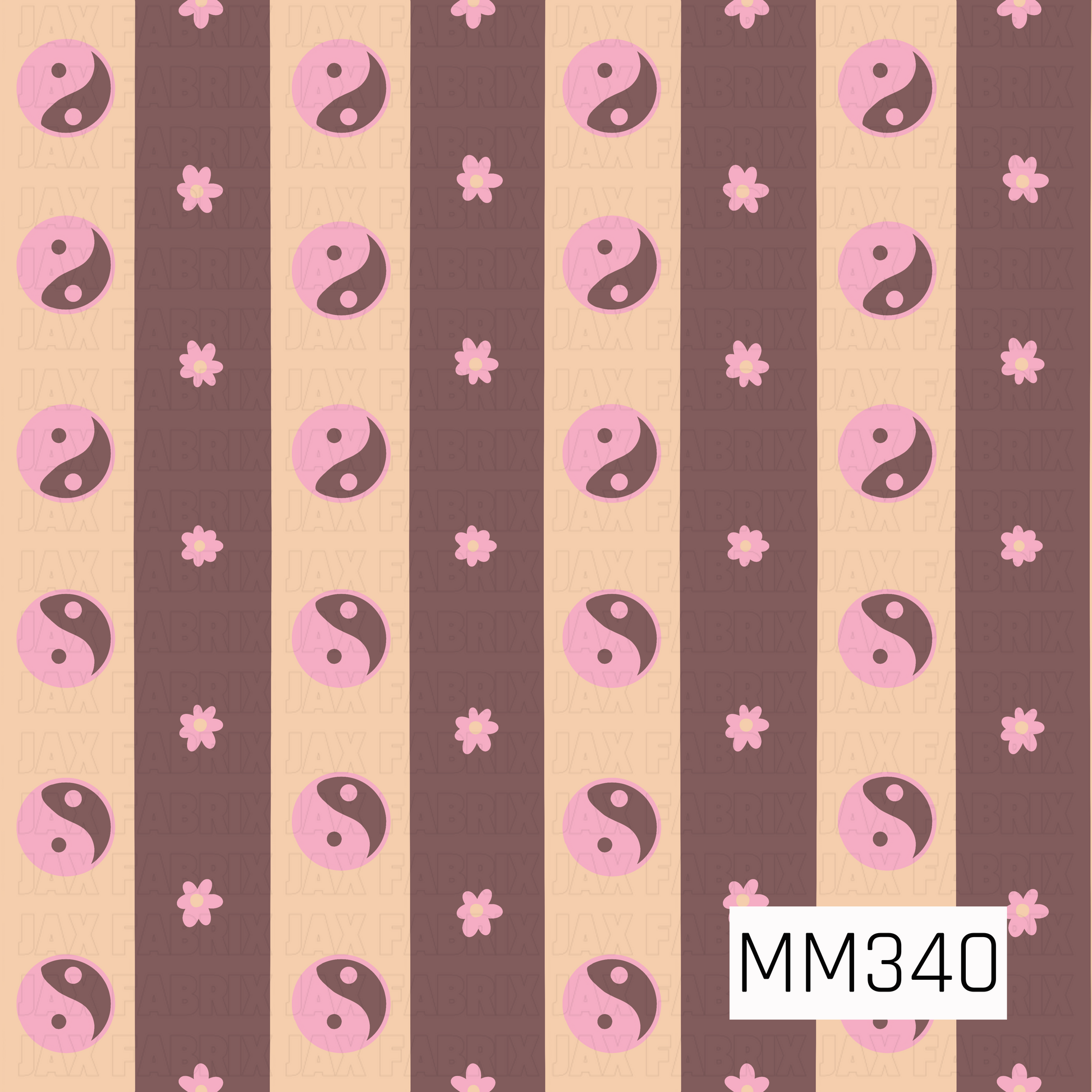 A retro-inspired seamless stripe pattern featuring alternating warm brown and creamy peach bands decorated with pink yin-yang symbols and dainty flowers. The soft pink, brown, and peach palette gives it a playful vintage boho feel.
