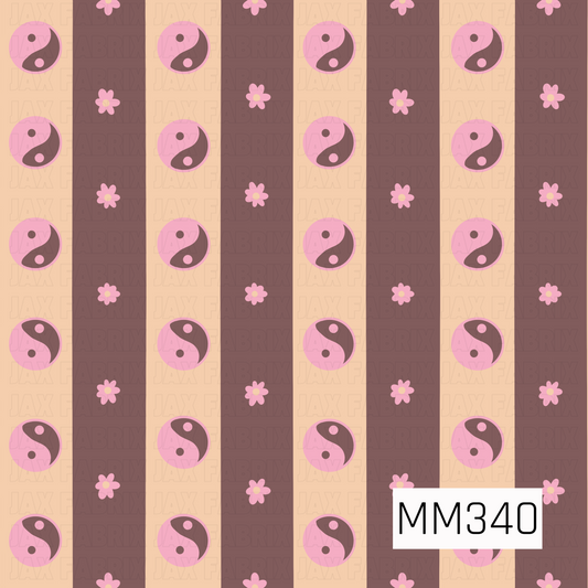 A retro-inspired seamless stripe pattern featuring alternating warm brown and creamy peach bands decorated with pink yin-yang symbols and dainty flowers. The soft pink, brown, and peach palette gives it a playful vintage boho feel.
