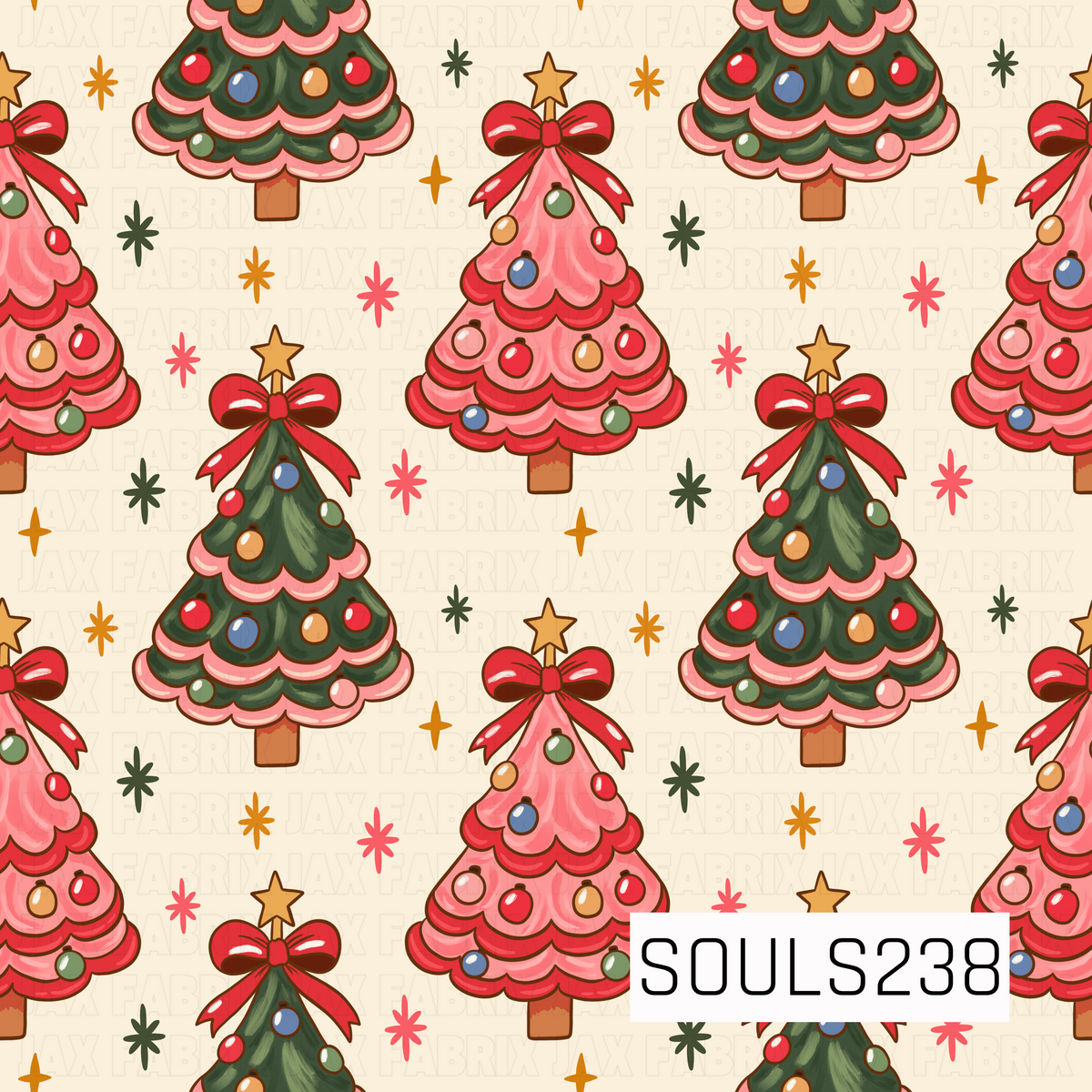 A whimsical retro Christmas tree pattern featuring alternating pink and deep green trees with layered, scalloped branches trimmed in contrasting pink and red. Each tree is decorated with colorful vintage-style ornaments in red, blue, green, pink, and golden yellow, then topped with a large glossy red bow and golden star. Playful starbursts in pink, orange, and forest green are scattered throughout the warm cream background, giving the design a cheerful, nostalgic holiday feel.