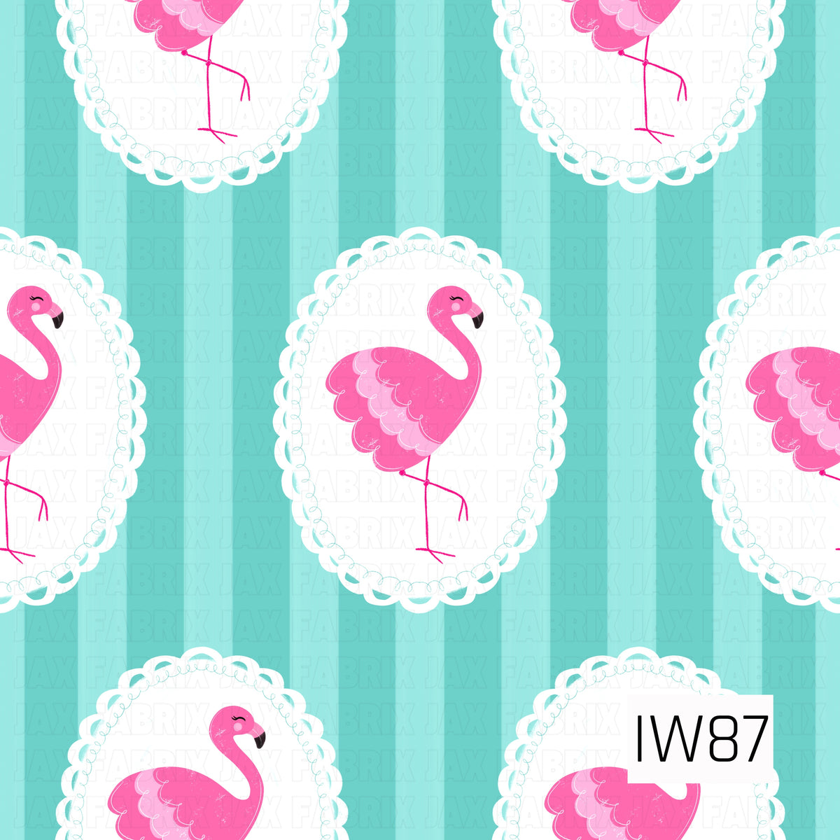 A playful retro-inspired pattern featuring bright pink flamingos standing gracefully inside white scalloped oval frames with delicate aqua swirled details. Each flamingo has soft pink feather accents, a curved neck, and a black-tipped beak. The frames are scattered across a vibrant turquoise background with subtle vertical stripes, creating a fun, tropical design with a sweet vintage charm.