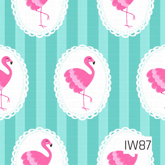 A playful retro-inspired pattern featuring bright pink flamingos standing gracefully inside white scalloped oval frames with delicate aqua swirled details. Each flamingo has soft pink feather accents, a curved neck, and a black-tipped beak. The frames are scattered across a vibrant turquoise background with subtle vertical stripes, creating a fun, tropical design with a sweet vintage charm.