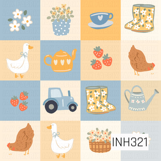A charming checkerboard pattern featuring farm-inspired illustrations including geese with ribbon bows, hens, strawberries, watering cans, teacups, flower pots, rain boots, tractors, and floral baskets. Arranged in alternating blue and cream squares, this design blends cottage garden charm with cozy country farmhouse style.
