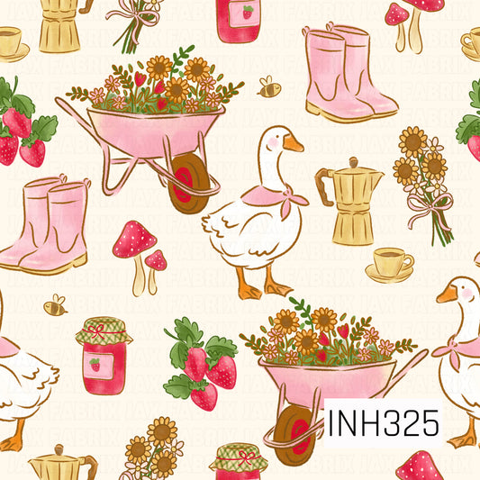 A whimsical cottagecore farm pattern featuring white geese wearing pink neck bows, overflowing pink wheelbarrows filled with sunflowers and wildflowers, ripe strawberries, strawberry jam jars, pink rain boots, spotted mushrooms, honey bees, and vintage stovetop coffee pots. Scattered across a soft cream background, the hand-painted illustrations combine warm pink, golden, green, and brown tones to create a charming countryside scene with a sweet, nostalgic garden market feel.
