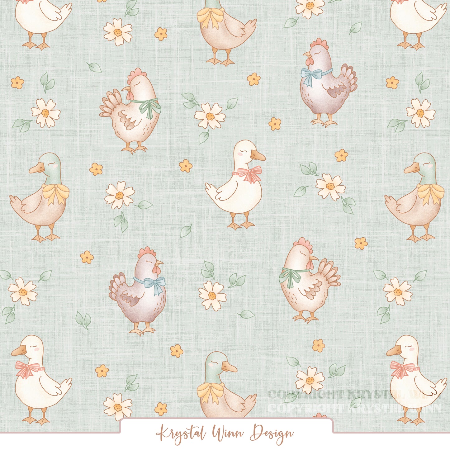 Farmyard Chicken and Duck Floral Mint KW1469