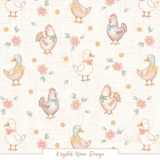 Farmyard Chicken and Duck Floral White KW1471