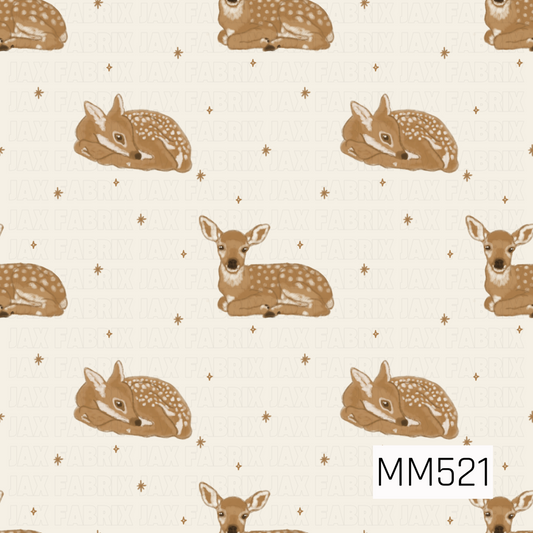 A sweet and whimsical woodland pattern featuring adorable baby fawns resting peacefully across a soft, creamy ivory background. The fawns are illustrated in warm caramel brown tones with delicate white spots scattered across their backs, soft cream markings around their faces, chests, and ears, and gentle, expressive dark eyes. Some fawns are curled up with their heads resting on their folded legs, while others sit upright with their ears perked and front legs tucked beneath them. Scattered throughout the d