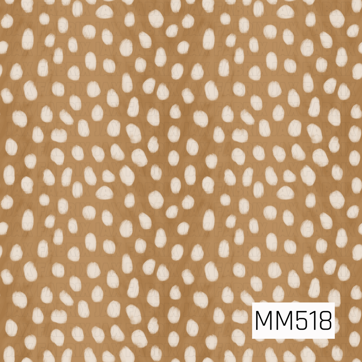 A soft and charming fawn-inspired animal print featuring a warm caramel tan background covered in scattered creamy ivory spots. The spots vary in size and shape, ranging from small rounded dots to slightly elongated oval markings, creating a natural, organic arrangement reminiscent of a baby deer's spotted coat. Each spot features softly feathered, slightly uneven edges with a subtle brushed texture, giving the pattern a delicate, hand-painted appearance. The irregular spacing and gentle contrast between th