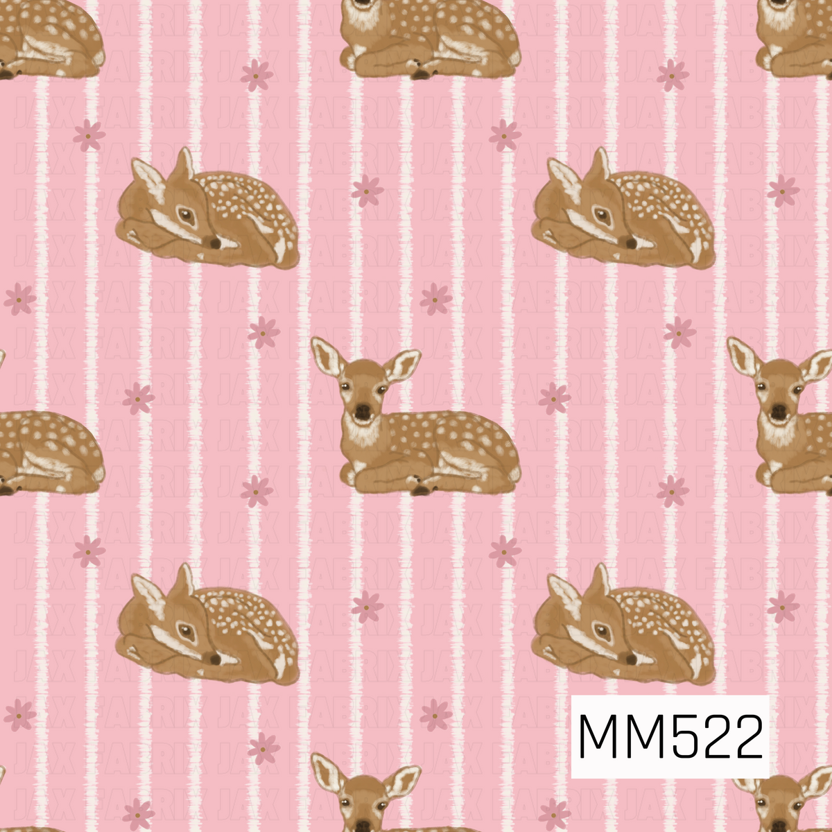 A sweet and whimsical woodland pattern featuring adorable baby fawns resting peacefully against a soft bubblegum pink background decorated with vertical, textured ivory stripes. The fawns are illustrated in warm caramel brown tones with delicate white spots scattered across their backs, creamy white markings around their faces, chests, and ears, and gentle, expressive dark eyes. Some fawns are curled up with their heads resting on their folded legs, while others sit upright with their ears perked. 