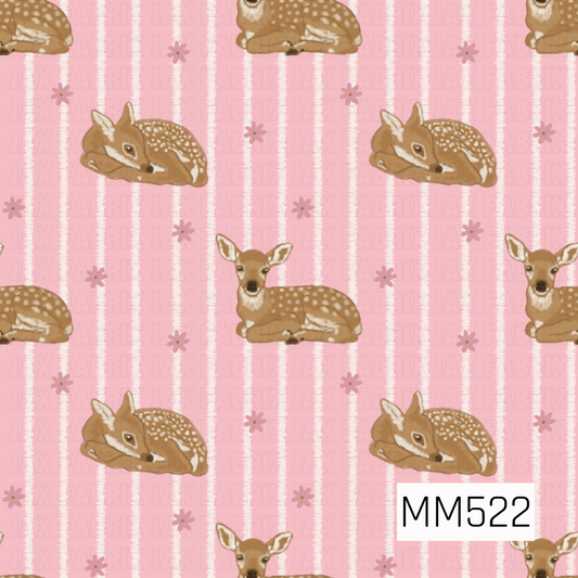 A sweet and whimsical woodland pattern featuring adorable baby fawns resting peacefully against a soft bubblegum pink background decorated with vertical, textured ivory stripes. The fawns are illustrated in warm caramel brown tones with delicate white spots scattered across their backs, creamy white markings around their faces, chests, and ears, and gentle, expressive dark eyes. Some fawns are curled up with their heads resting on their folded legs, while others sit upright with their ears perked. 