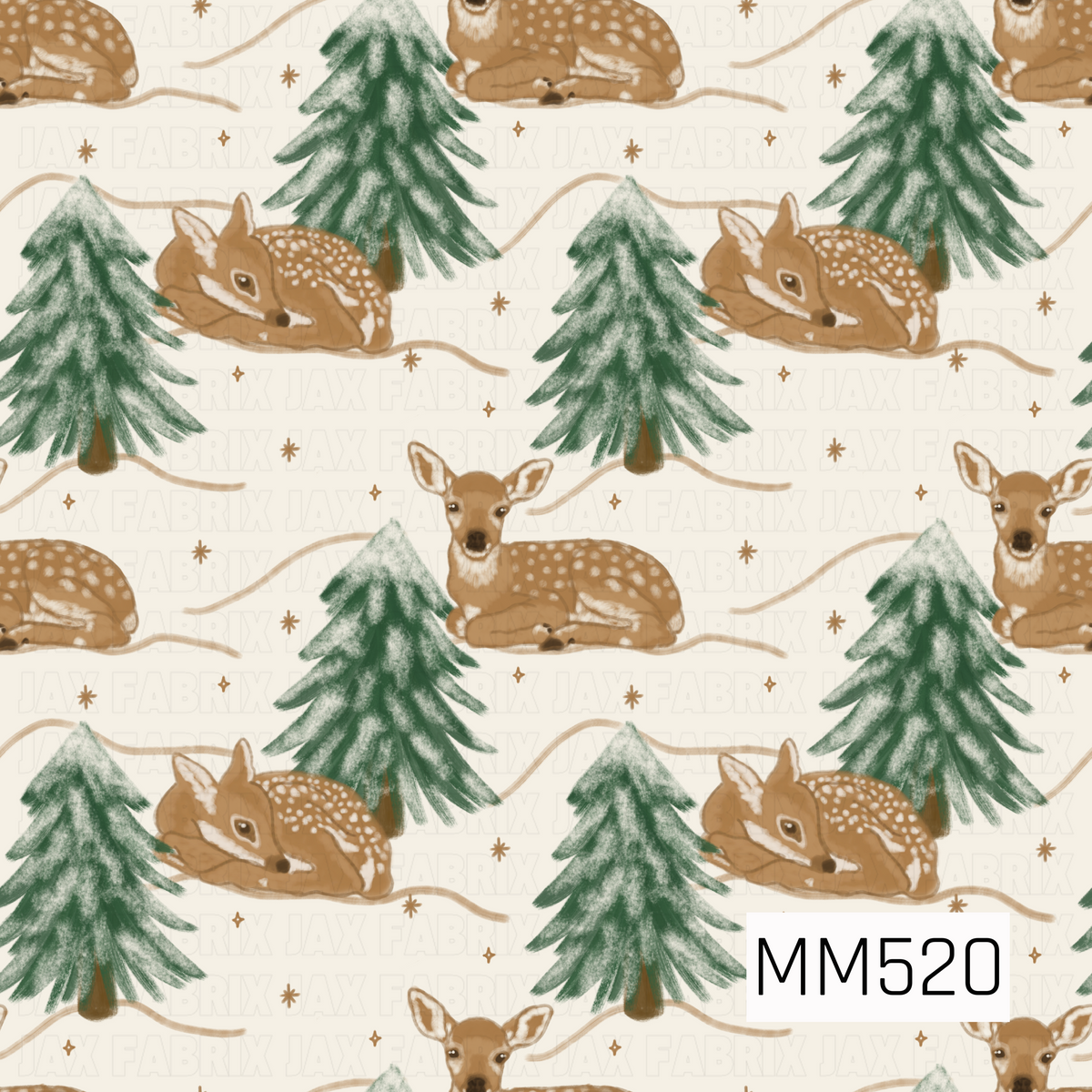 A sweet and whimsical winter woodland pattern featuring adorable baby fawns resting peacefully among tall, snow-covered evergreen trees on a soft, creamy ivory background. The fawns are illustrated in warm caramel brown tones with delicate white spots scattered across their backs, soft cream markings around their faces and ears, and gentle, expressive eyes. Some are curled up with their heads resting on their legs, while others sit upright with their ears perked. The rich forest green pine trees feature sof