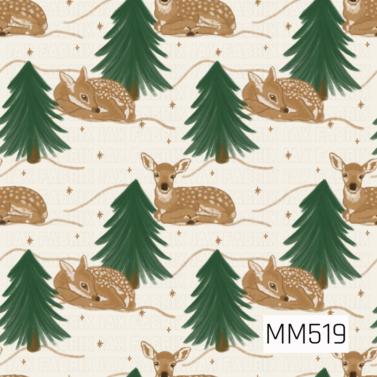 A sweet and whimsical woodland pattern featuring adorable baby fawns resting peacefully among tall evergreen trees on a soft, creamy ivory background. The fawns are illustrated in warm caramel brown tones with delicate white spots scattered across their backs, soft cream markings around their faces and ears, and gentle, expressive eyes. Some are curled up with their heads resting on their legs, while others sit upright with their ears perked. Rich forest green pine trees with softly brushed branches surroun
