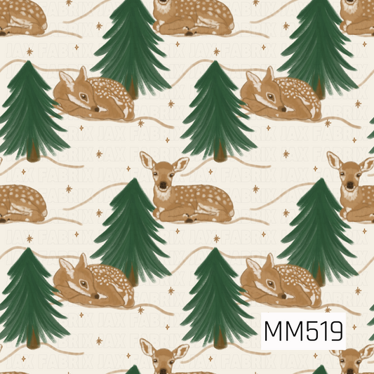A sweet and whimsical woodland pattern featuring adorable baby fawns resting peacefully among tall evergreen trees on a soft, creamy ivory background. The fawns are illustrated in warm caramel brown tones with delicate white spots scattered across their backs, soft cream markings around their faces and ears, and gentle, expressive eyes. Some are curled up with their heads resting on their legs, while others sit upright with their ears perked. Rich forest green pine trees with softly brushed branches surroun