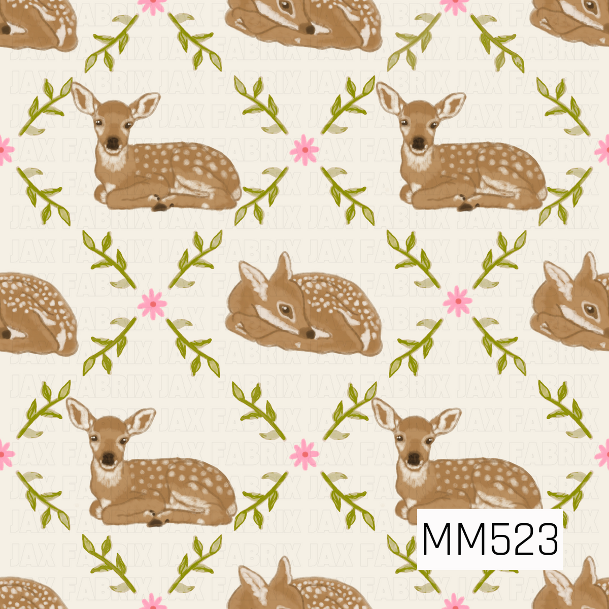A sweet woodland floral pattern featuring adorable caramel brown baby fawns with delicate white spots, resting among olive green leafy vines and dainty pink flowers on a creamy ivory background. The fawns are shown in peaceful poses with soft cream markings and gentle expressions. The hand-painted watercolor textures, earthy tones, and cheerful pink accents create a charming, feminine design with a whimsical storybook feel.