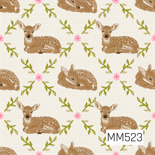 A sweet woodland floral pattern featuring adorable caramel brown baby fawns with delicate white spots, resting among olive green leafy vines and dainty pink flowers on a creamy ivory background. The fawns are shown in peaceful poses with soft cream markings and gentle expressions. The hand-painted watercolor textures, earthy tones, and cheerful pink accents create a charming, feminine design with a whimsical storybook feel.