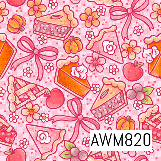 A charming fall-themed seamless pattern featuring pumpkin pie slices, lattice apple pies, pink bows, pumpkins, apples, berries, and dainty flowers scattered across a soft pink plaid background. Warm shades of orange, pink, cream, and berry red create a sweet, cozy autumn design with a whimsical bakery-inspired aesthetic.