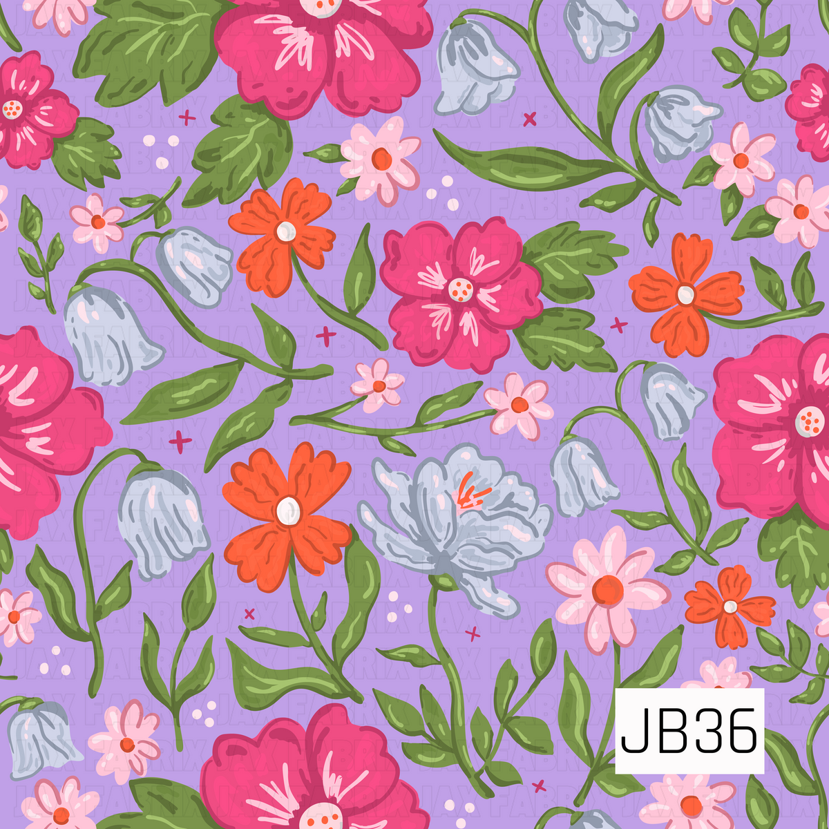 A bright, whimsical floral pattern featuring oversized hot pink blooms, orange flowers, soft pink daisies, and delicate blue bell-shaped blossoms. Curving green stems and leafy vines weave throughout the design against a vibrant lavender-purple background. Tiny dots and cross-shaped accents are scattered between the flowers, giving the print a playful, hand-painted feel.