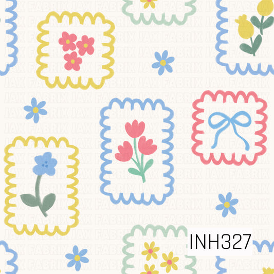 A charming floral pattern featuring pastel flowers and bows framed within scalloped stamp-like shapes, accented by scattered blooms on a soft cream background. The hand-drawn style and gentle colors create a sweet vintage cottagecore feel.
