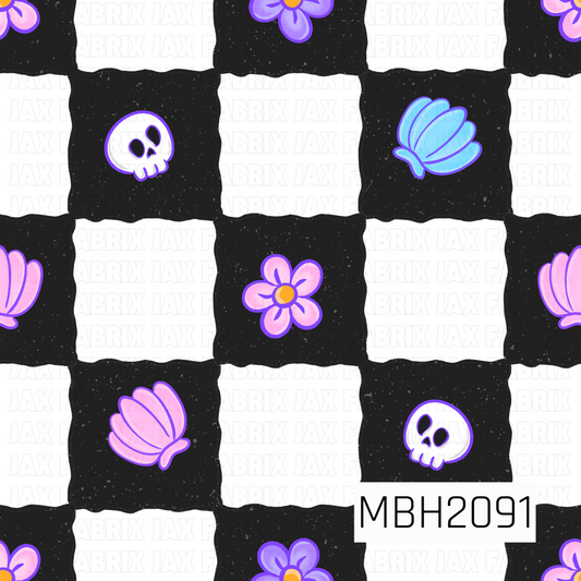 Checkered pattern with skulls, flowers, and shells on a black and white background.