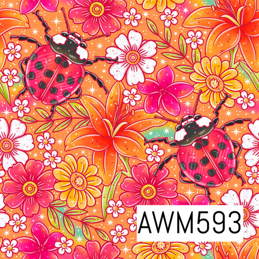 A bright floral design featuring bold pink and red ladybugs surrounded by oversized tropical-inspired flowers and leafy greenery on a vibrant orange background. Pops of hot pink, yellow, white and lime give it a cheerful, retro feel.
Perfect for spring and summer apparel, kids’ clothing, bows, bags, tumblers, fabric projects and colorful garden-themed accessories.