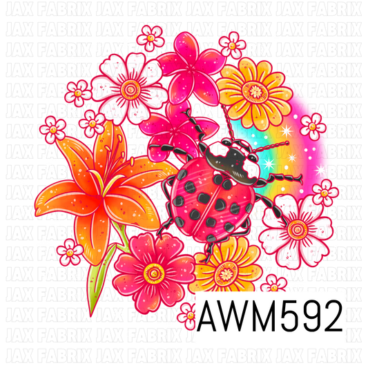 A vibrant floral PNG featuring a bold pink and red ladybug surrounded by oversized orange, pink, yellow and white flowers, with a colorful rainbow glow and sparkling accents.
Perfect for spring and summer shirts, kids’ apparel, bows, bags, tumblers, stickers and bright garden-themed projects.
