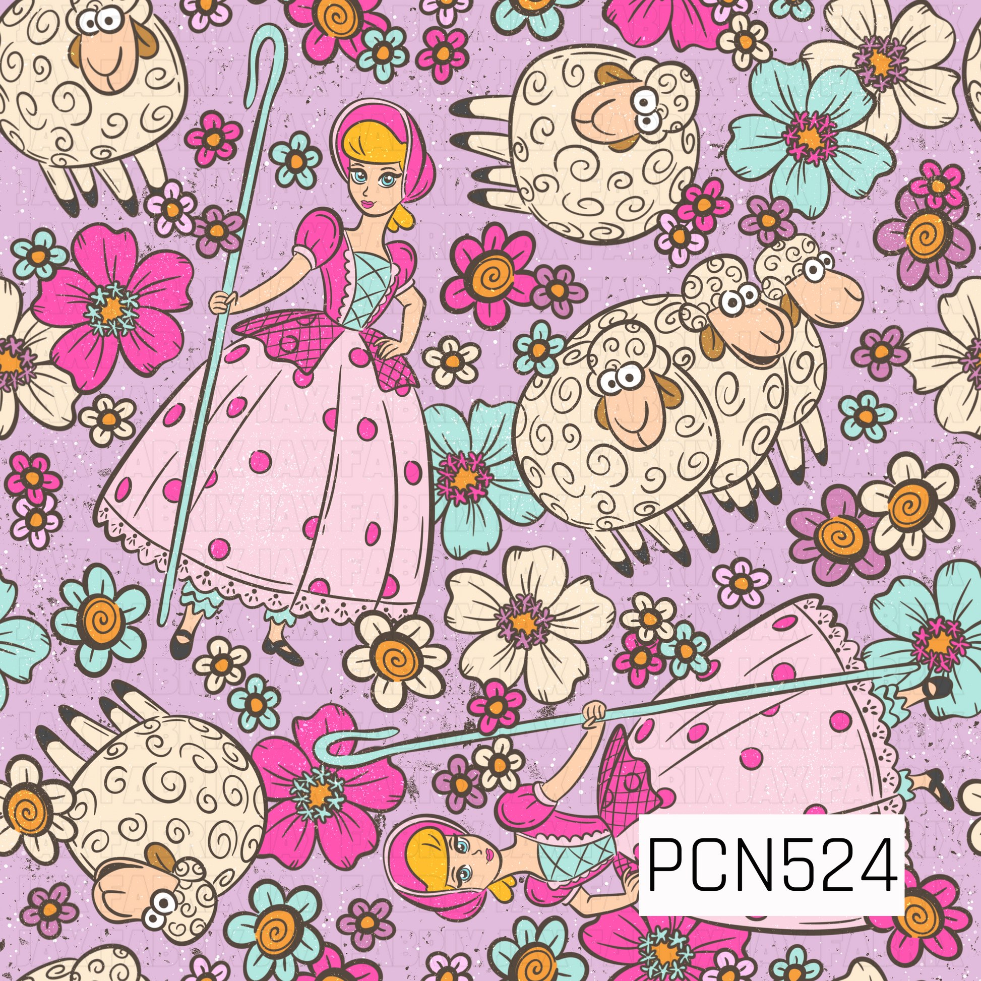 A whimsical farm-themed pattern featuring Little Bo Peep in a pink polka-dot dress with a shepherd’s crook, surrounded by fluffy cream-colored sheep with curly wool. The design is filled with pink, teal, cream, and orange flowers scattered across a soft lavender background. The playful, storybook-inspired artwork combines pastel colors, floral accents, and charming farm animals for a sweet and cheerful look.
