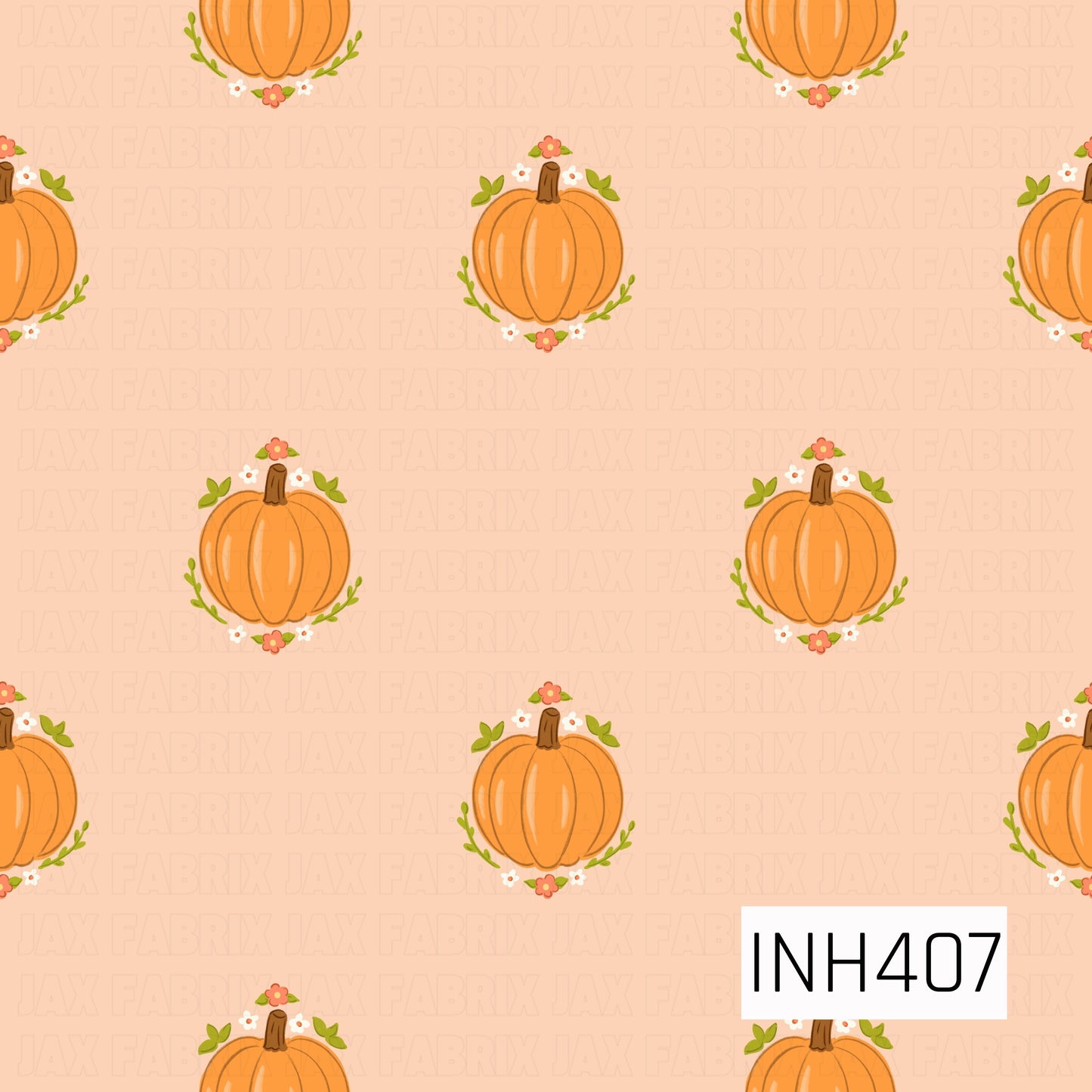A sweet autumn pattern featuring orange pumpkins framed by tiny coral and white flowers with green leafy sprigs, evenly scattered across a soft peach background.
