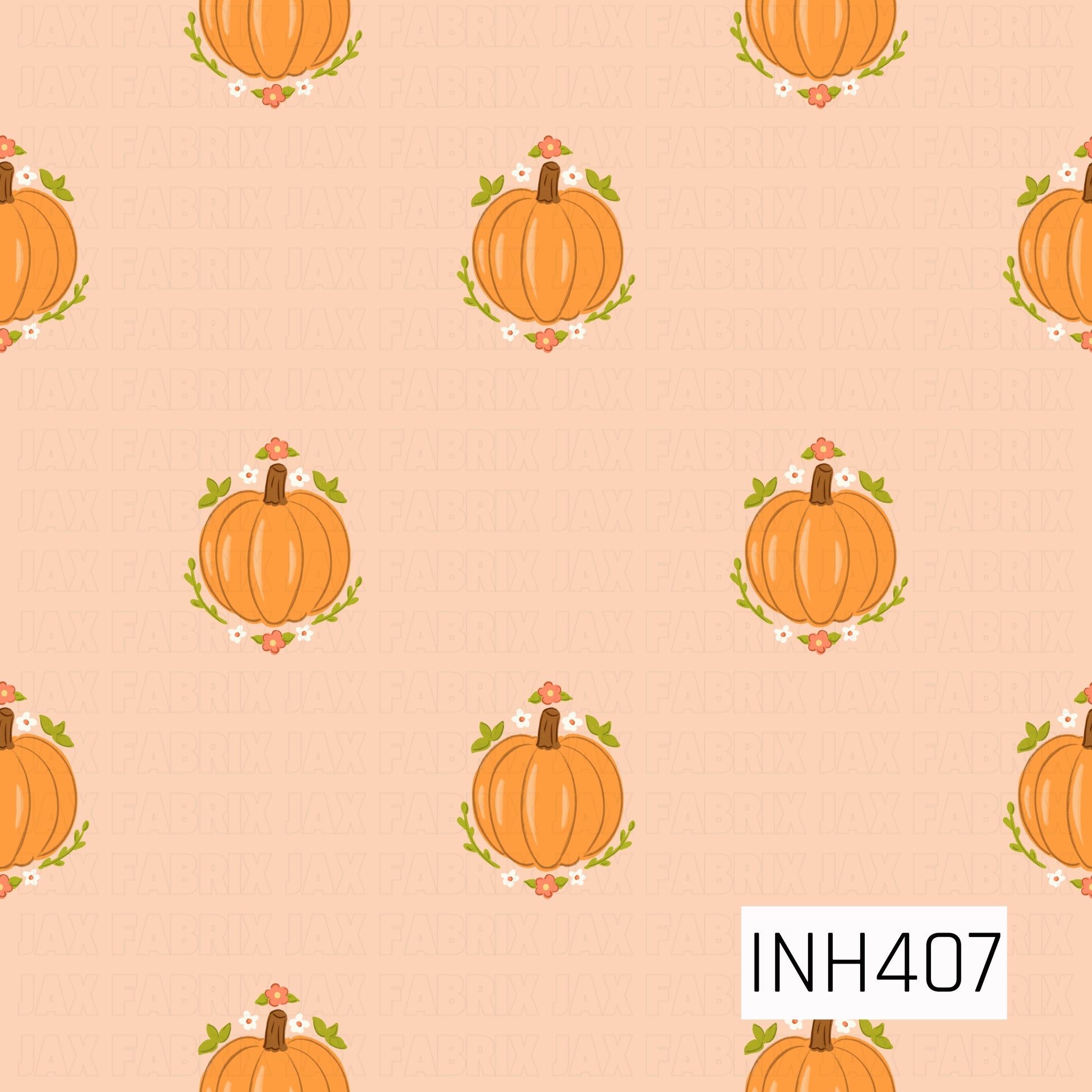 A sweet autumn pattern featuring orange pumpkins framed by tiny coral and white flowers with green leafy sprigs, evenly scattered across a soft peach background.
