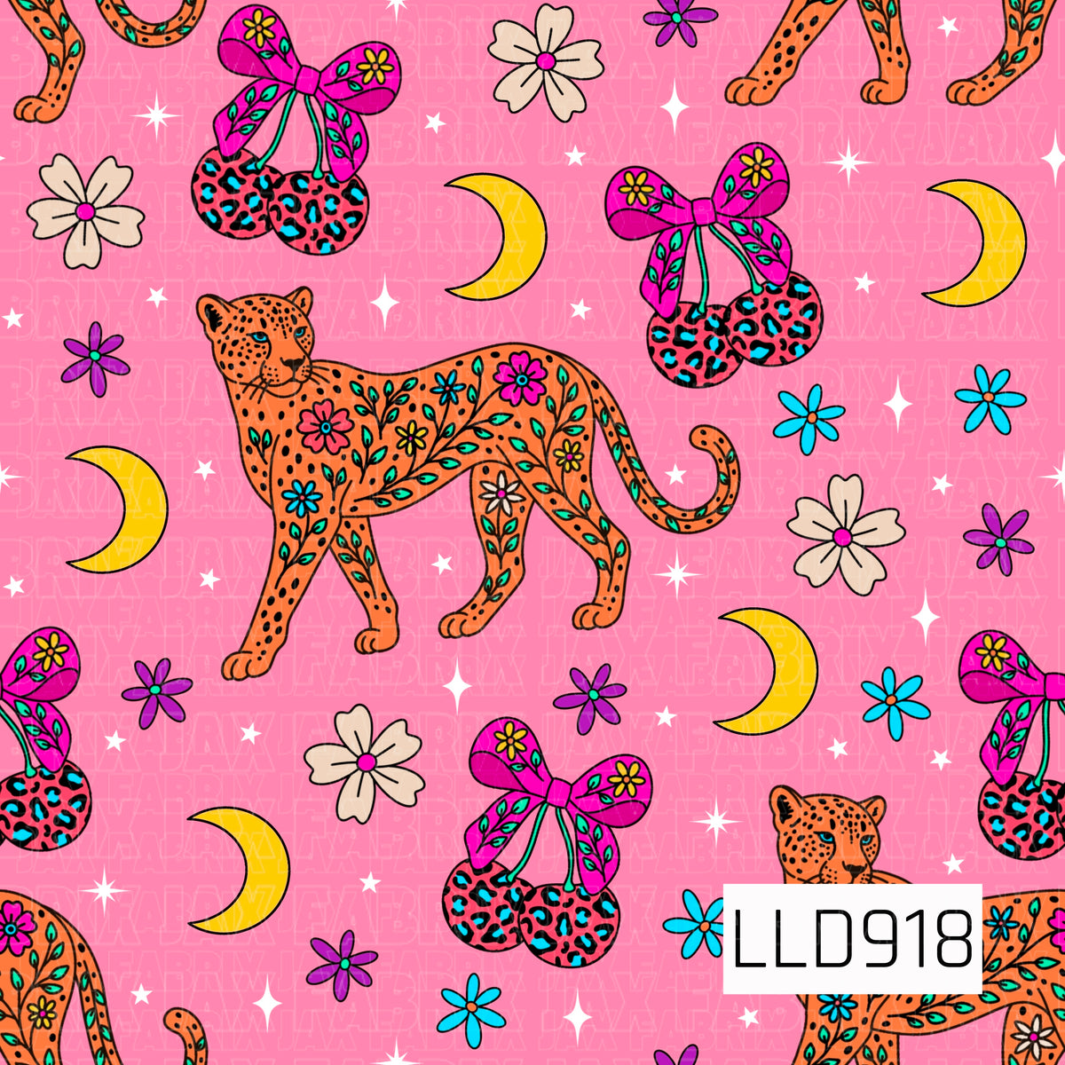 A bold, colorful seamless pattern featuring orange leopards decorated with whimsical floral and leafy details. Leopard-print cherries topped with oversized pink floral bows, golden crescent moons, scattered retro flowers, and twinkling stars fill the bright pink background for a playful, funky feel.
