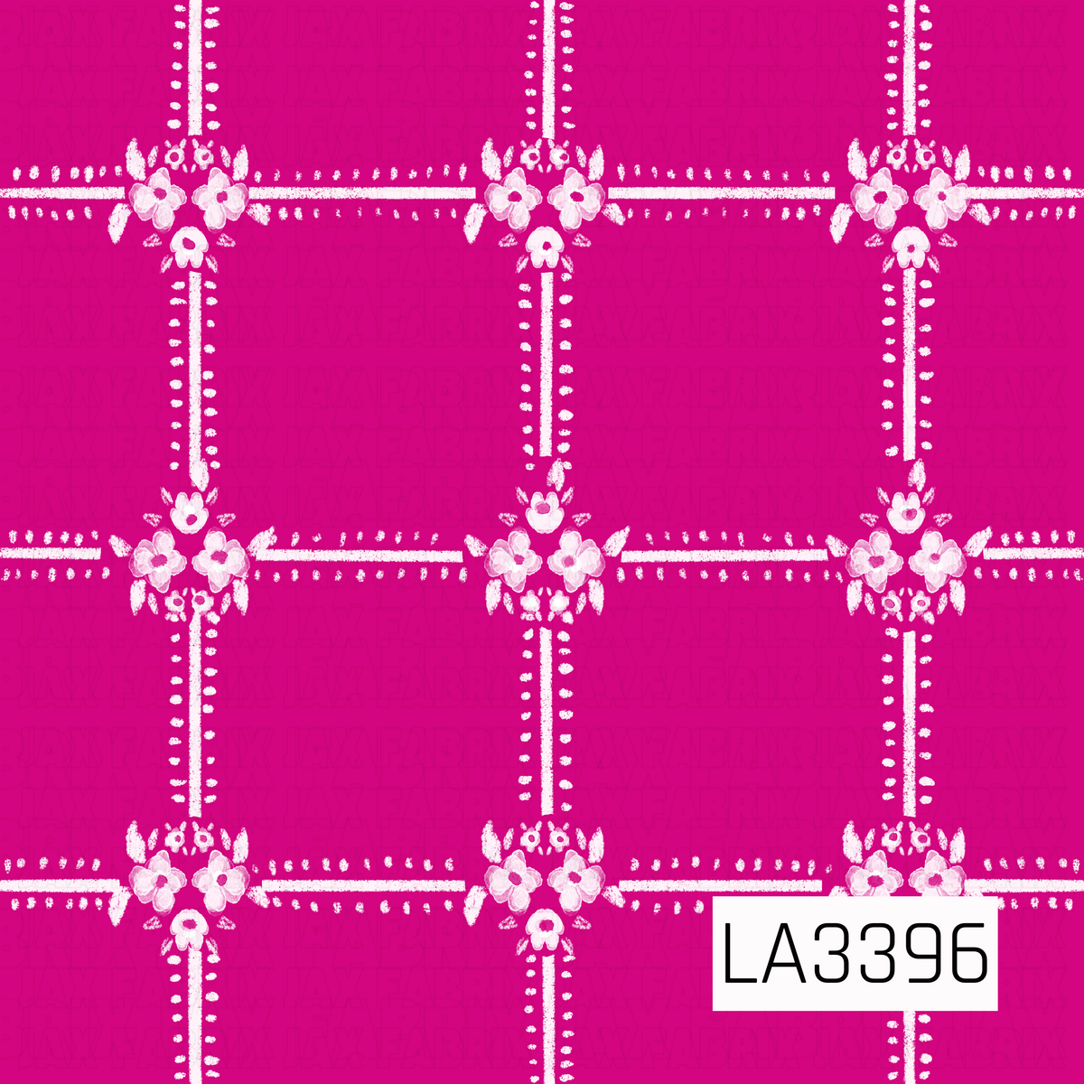 A vibrant deep hot pink floral plaid pattern featuring delicate white dotted lines forming a large, evenly spaced grid. Each intersection is adorned with clusters of soft white and pale pink flowers, accented by tiny blossoms and leafy details. The hand-painted, slightly textured finish gives this design a sweet, feminine, vintage-inspired feel.