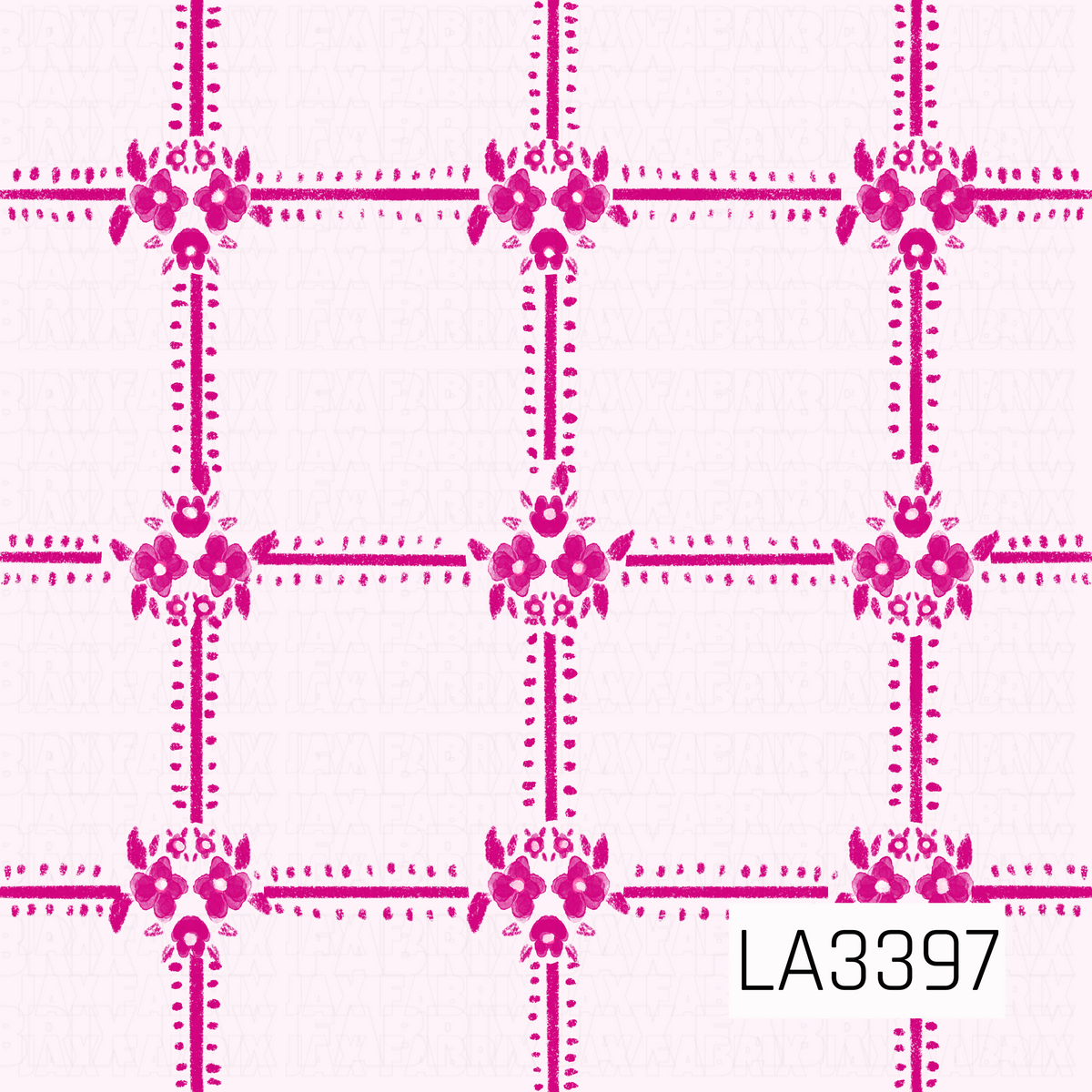 A delicate floral plaid pattern featuring vibrant hot pink dotted lines forming a large, evenly spaced grid against a soft, pale blush pink background. Each intersection is decorated with hand-painted pink flowers, tiny blossoms, and leafy accents. The watercolor-inspired texture adds a sweet, feminine, vintage charm to this coordinating design.
