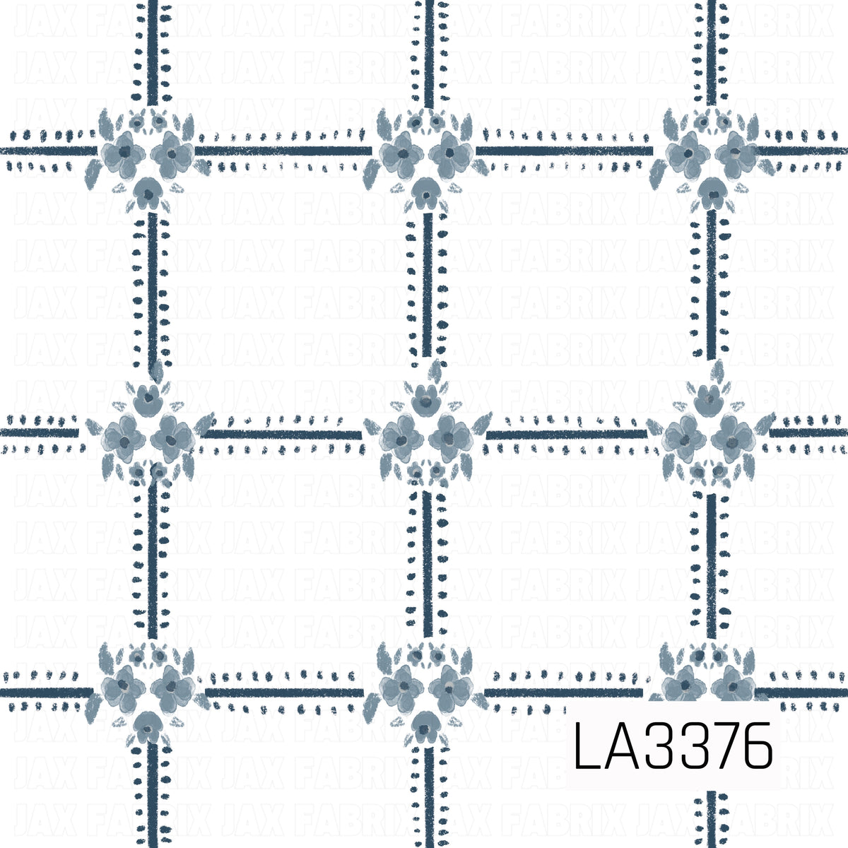 A delicate floral gingham pattern featuring soft dusty blue watercolor flowers at the intersections of thin navy blue vertical and horizontal lines. Tiny hand-painted navy dots border each line, creating a charming, vintage-inspired plaid against a crisp white background.