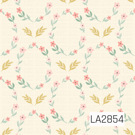Floral pattern with pink flowers shaped as a frame and yellow leaves on a light yellow background
